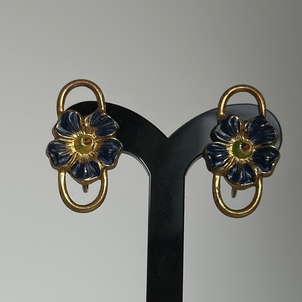 Vintage Sterling silver Gold and Blue enamel Floral Earrings